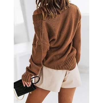 EVALESS Womens Cute Long Sleeve Oversized Sweaters Winter Deep V Neck Knitted Sweater Tops Cozy Loose Solid Color Jumper Tunic Pullover Tops Brown Large