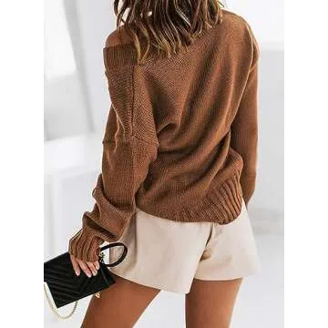 EVALESS Womens Cute Long Sleeve Oversized Sweaters Winter Deep V Neck Knitted Sweater Tops Cozy Loose Solid Color Jumper Tunic Pullover Tops Brown Large