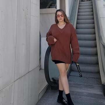 EVALESS Womens Cute Long Sleeve Oversized Sweaters Winter Deep V Neck Knitted Sweater Tops Cozy Loose Solid Color Jumper Tunic Pullover Tops Brown Large