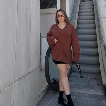 EVALESS Womens Cute Long Sleeve Oversized Sweaters Winter Deep V Neck Knitted Sweater Tops Cozy Loose Solid Color Jumper Tunic Pullover Tops Brown Large