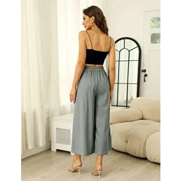 Bianstore Women's Culottes Linen Cropped Wide Leg Pants Elastic Waist Casual Palazzo Trousers with Pockets(Grey-M)