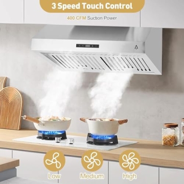 Euker Range Hood,30 Inch Range Hood for Under Cabine Stainless Steel 3-Speed Exhaust Fan,Touch Screen, Dishwasher Safe Baffle Filters, LED Lamps, 400 Max Blower CFM,Low Noise for Kichten