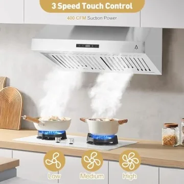 Euker Range Hood,30 Inch Range Hood for Under Cabine Stainless Steel 3-Speed Exhaust Fan,Touch Screen, Dishwasher Safe Baffle Filters, LED Lamps, 400 Max Blower CFM,Low Noise for Kichten