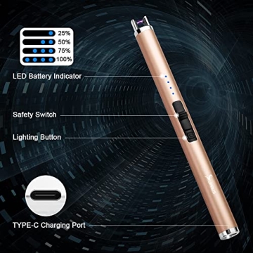 SUPRUS Electric Lighter Candle Lighter Type C Rechargeable Lighter with Upgraded LED Battery Display Safety Switch Flameless Plasma Windproof for Candle Cooking BBQs Fireworks (Champagne Gold)