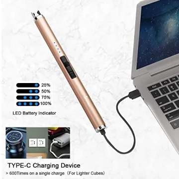 SUPRUS Electric Lighter Candle Lighter Type C Rechargeable Lighter with Upgraded LED Battery Display Safety Switch Flameless Plasma Windproof for Candle Cooking BBQs Fireworks (Champagne Gold)