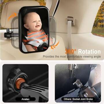 Anatec Baby Car Mirror, Car Seat Mirror for Rear Facing, Upgraded Safety Car Mirror for Infant Newborn with Hook Clip Design Non-Shaking Wide Crystal View Shatterproof Crash Tested Adjustable Easy