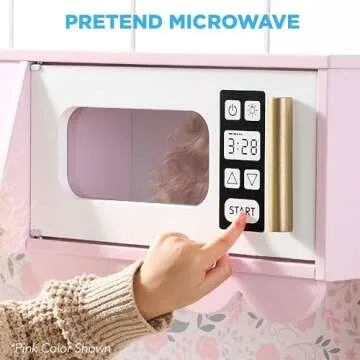 Best Choice Products Wooden Pretend Play Cottage Kitchen Kids Toy w/Storage, Scalloped Edge, 5 Accessories, Microwave, Oven, Clicking Knobs - Cream