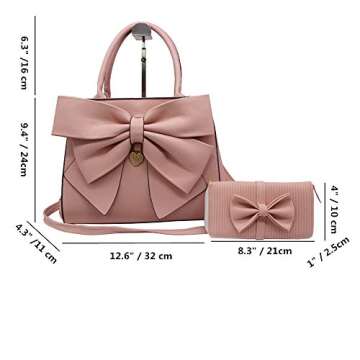 Women Handbag 2 Pcs Set Big Bow-Knot PU Leather Top Handle Bag Designer Tote Bag Clutch Wallet Set f...