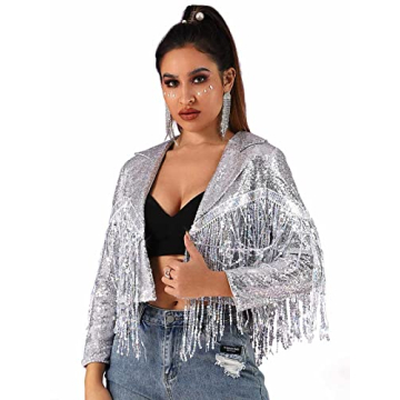 Edary Women's Sequin Jacket Coat Sparkly Long Sleeve Tassel Blazer Fringe Party Club New Years Eve S...