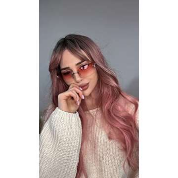 Rectangle Y2k Sunglasses for Women,Trendy Rimless Gradient Pink Sunglasses Retro Square Vintage Shad...