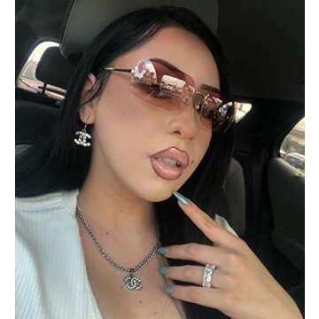 Rectangle Y2k Sunglasses for Women,Trendy Rimless Gradient Pink Sunglasses Retro Square Vintage Shades