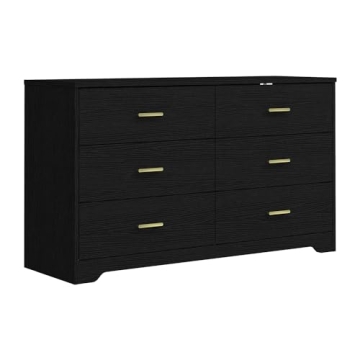 Modern 6 Drawer Wood Dresser - Elegant Storage Solution with Gold Handles