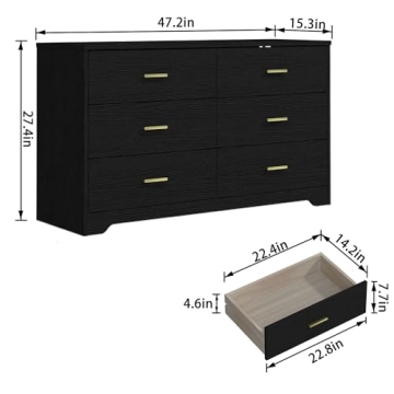 Stylish 6 Drawer Dresser with Gold Accents for Home Storage