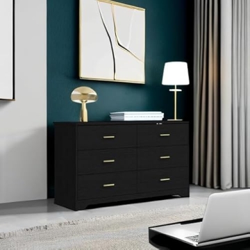 Stylish 6 Drawer Dresser with Gold Accents for Home Storage