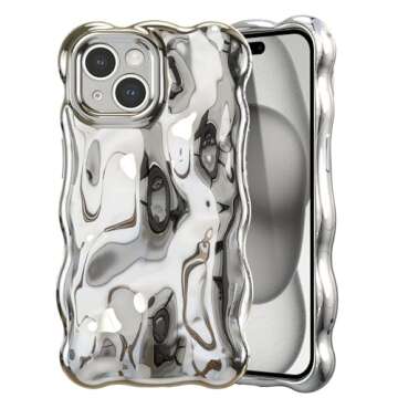 UEEBAI Ripple Case for iPhone 15 Plus, Cute Silver Case Wave Shape for iPhone Case Shockproof 3D Pho...