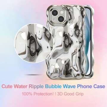 UEEBAI Ripple Case for iPhone 15 Plus, Cute Silver Case Wave Shape for iPhone Case Shockproof 3D Phone Case, Water Ripple Case 3D Chrome Case Pretty Case Aesthetic Case, Silver