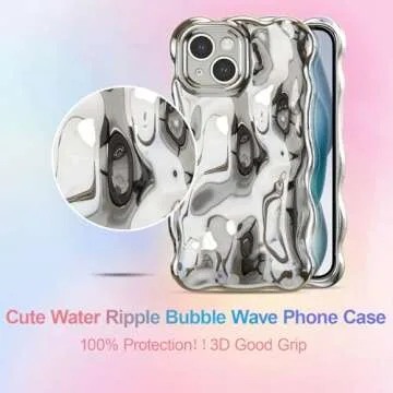 UEEBAI Ripple Case for iPhone 15 Plus, Cute Silver Case Wave Shape for iPhone Case Shockproof 3D Phone Case, Water Ripple Case 3D Chrome Case Pretty Case Aesthetic Case, Silver