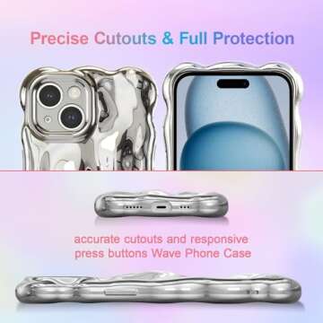 UEEBAI Ripple Case for iPhone 15 Plus, Cute Silver Case Wave Shape for iPhone Case Shockproof 3D Phone Case, Water Ripple Case 3D Chrome Case Pretty Case Aesthetic Case, Silver