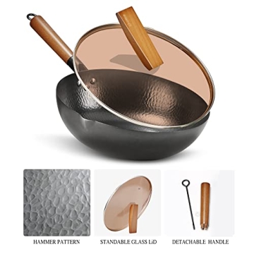 Hyoank 12.4'' Carbon Steel Wok Pan with Glass Lid