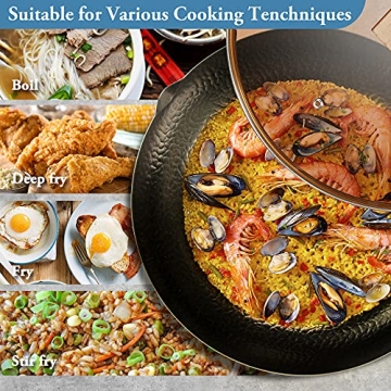 Hyoank 12.4'' Carbon Steel Wok Pan with Glass Lid