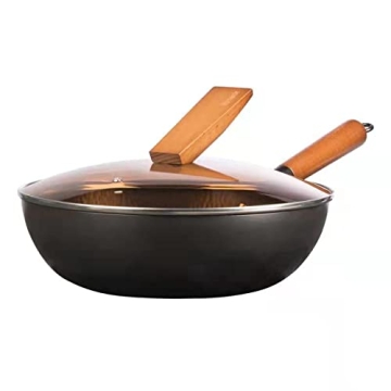 Hyoank 12.4'' Carbon Steel Wok Pan with Glass Lid
