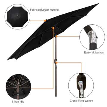 Blissun 9' Outdoor Patio Umbrella, Outdoor Table Umbrella, Yard Umbrella, Market Umbrella with 8 Stu...