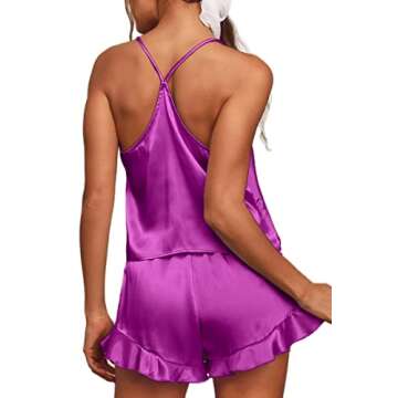 CHYRII Women's Sexy Silk Satin PJS Racerback Cami Tops and Ruffled Hem Shorts 2 PCS Pajamas Sets Nig...