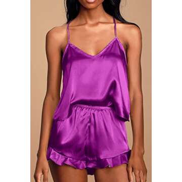 CHYRII Women's Sexy Silk Satin PJS Racerback Cami Tops and Ruffled Hem Shorts 2 PCS Pajamas Sets Nightwear Purple XL