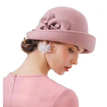 ORIDOOR Women Vintage Wool Felt Flowers Bucket Cloche Bowler Hat Church Wedding Dress Fascinator Hat Winter Felt Fedoras (012 Pink, One Size) …