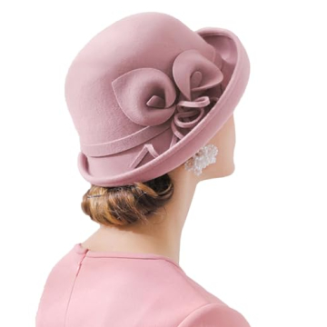 ORIDOOR Women Vintage Wool Felt Flowers Bucket Cloche Bowler Hat Church Wedding Dress Fascinator Hat Winter Felt Fedoras (012 Pink, One Size) …