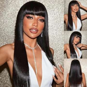 ANDRIA Black Wig With Bangs Long Wigs Silk Straight Wig Synthetic Natural Black Wig Heat Resistant F...