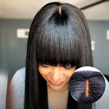 ANDRIA Black Wig With Bangs Long Wigs Silk Straight Wig Synthetic Natural Black Wig Heat Resistant Fiber Hair Daily and Cosplay Clueless Full Machine Wig For Black Women 24 Inches Black Hair Wig