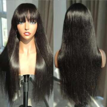 ANDRIA Black Wig With Bangs Long Wigs Silk Straight Wig Synthetic Natural Black Wig Heat Resistant Fiber Hair Daily and Cosplay Clueless Full Machine Wig For Black Women 24 Inches Black Hair Wig