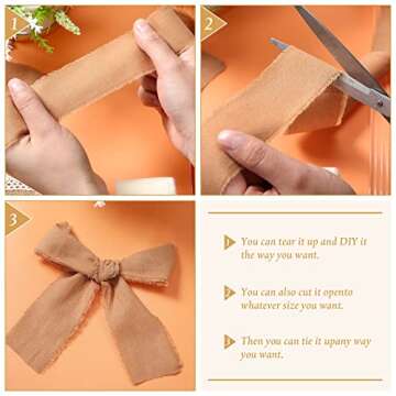 Sage Green Handmade Fringe Chiffon Ribbon - 3 Rolls, 1.5 Inch x 5 yd Total 15 yd - Boho Frayed Edges - Cotton Ribbon for Wedding Gift Wrapping & DIY Craft (Caramel, Ginger, Dark Brown)