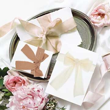 Sage Green Handmade Fringe Chiffon Ribbon - 3 Rolls, 1.5 Inch x 5 yd Total 15 yd - Boho Frayed Edges - Cotton Ribbon for Wedding Gift Wrapping & DIY Craft (Caramel, Ginger, Dark Brown)