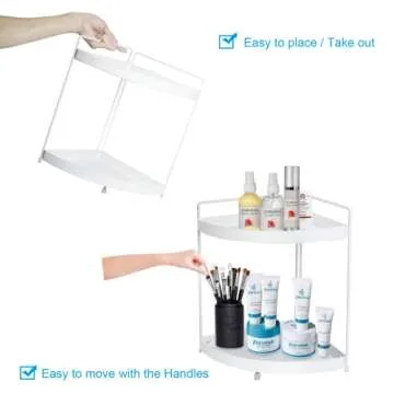 Lvssci 2 Tier Corner Shelf Rack Kitchen Counter Cabinet Bathroom Organizer Makeup Cosmetic countertop Organization and Storage Under Sink Organizers Perfume Trays for Dresser White
