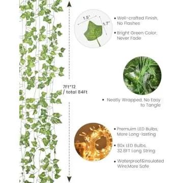 JACKYLED 84Ft 12 Pack Artificial Ivy Garland Fake Plants, Ivy Vines Leaves with CE Certified 80 LED String Lights, Hanging Ivy Lights for Bedroom Garden Party Wall Room Decor