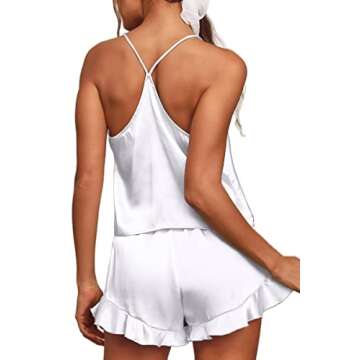 CHYRII Women's Sexy Cami Pajamas Sets Silk 2 PCS Lounge Sets with Ruffled Shorts Sleepwear White XS