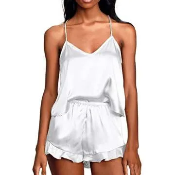 CHYRII Women's Sexy Cami Pajamas Sets Silk 2 PCS Lounge Sets with Ruffled Shorts Sleepwear White XS