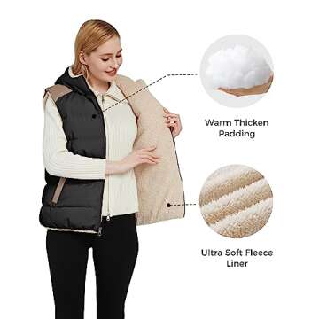 ZSHOW Women's Winter Vest Warm Fleece Puffer Vest Hooded Thicken Outerwear Vest(Black,Medium)