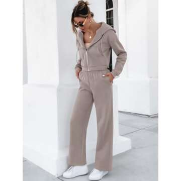 ANRABESS Women 2 Piece Outfits Sweatsuit Zip Up Crop Hoodies SweatPants Lounge Matching Sweat Set 2024 Winter Trendy Clothes Coffeegrey Small