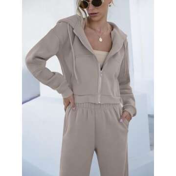 ANRABESS Women 2 Piece Outfits Sweatsuit Zip Up Crop Hoodies SweatPants Lounge Matching Sweat Set 2024 Winter Trendy Clothes Coffeegrey Small