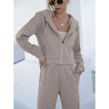 ANRABESS Women 2 Piece Sweatsuit Zip Up Crop Hoodie Set