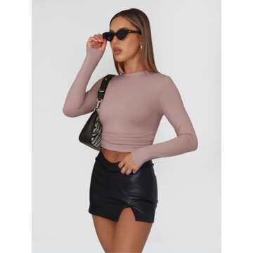 Trendy Queen Womens Long Sleeve Shirts Basic Tees Crop Tops Going Out Spring 2025 Workout Outfits Y2k Clothes Latte S