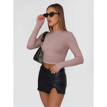 Trendy Queen Womens Long Sleeve Shirts Basic Tees Crop Tops Going Out Spring 2025 Workout Outfits Y2k Clothes Latte S