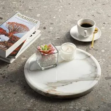 Koville Italian Natural Marble Tray for Bathroom Countertop, 9.8" Diam Round Marble Tray for Kitchen Counter, Coffee Table Serving Tray, Perfume Jewelry Dish Tray, Decorative Vanity Tray (Statuario)