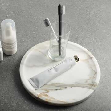 Koville Italian Natural Marble Tray for Bathroom Countertop, 9.8" Diam Round Marble Tray for Kitchen Counter, Coffee Table Serving Tray, Perfume Jewelry Dish Tray, Decorative Vanity Tray (Statuario)