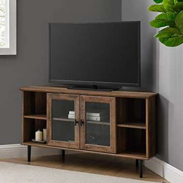 Walker Edison Modern Wood Corner Universal TV Stand with Open Shelves Glass Cabinet Doors Storage fo...
