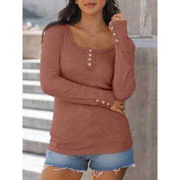 Kissfix Womens Long Sleeve Shirts Going Out Fall Clothes Casual Henley Tops Ribbed Knit Blouses Fash...