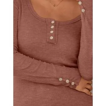 Kissfix Womens Long Sleeve Shirts Going Out Fall Clothes Casual Henley Tops Ribbed Knit Blouses Fashion Trendy Outfits Maroon S